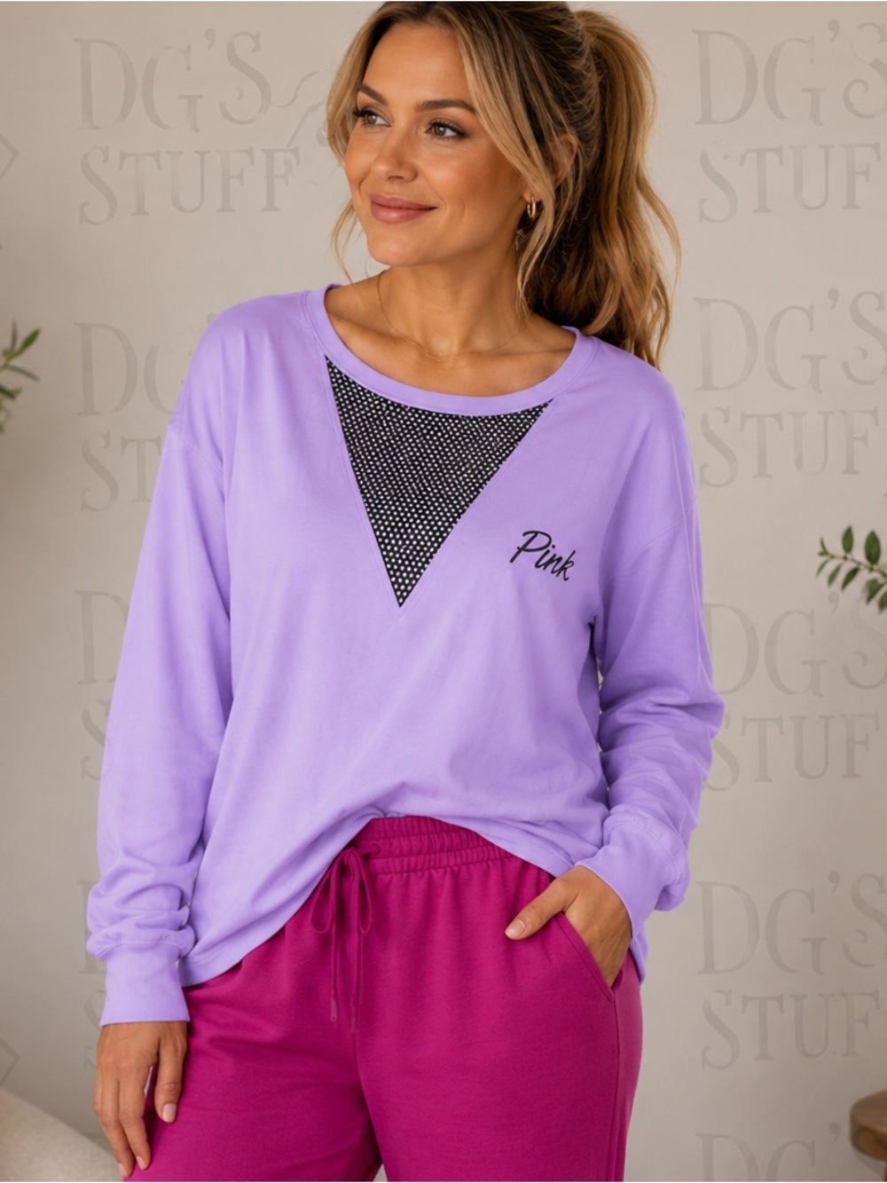 PINK Victoria's Secret Lavender Pullover with Black Dot Triangle